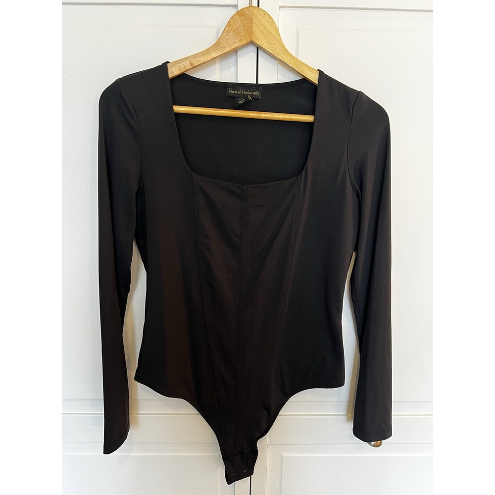 House of Harlow Bodysuit Women's‎ Corset Large Long Sleeve Square Neck Black